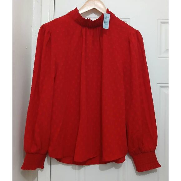 Ann Taylor womens large petite red swiss dot blouse top - Picture 2 of 7